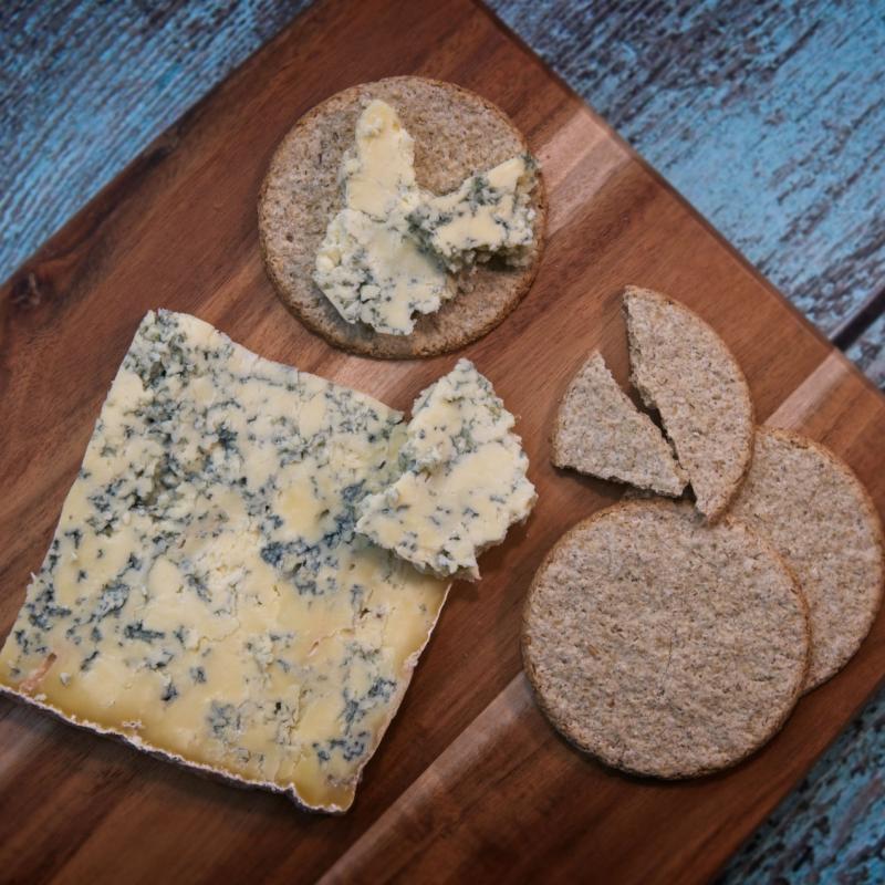 Barlocco blue cheese served with oatcakes on a cheese board