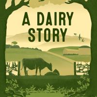 A Dairy Story book cover, artwork cow with calf in field